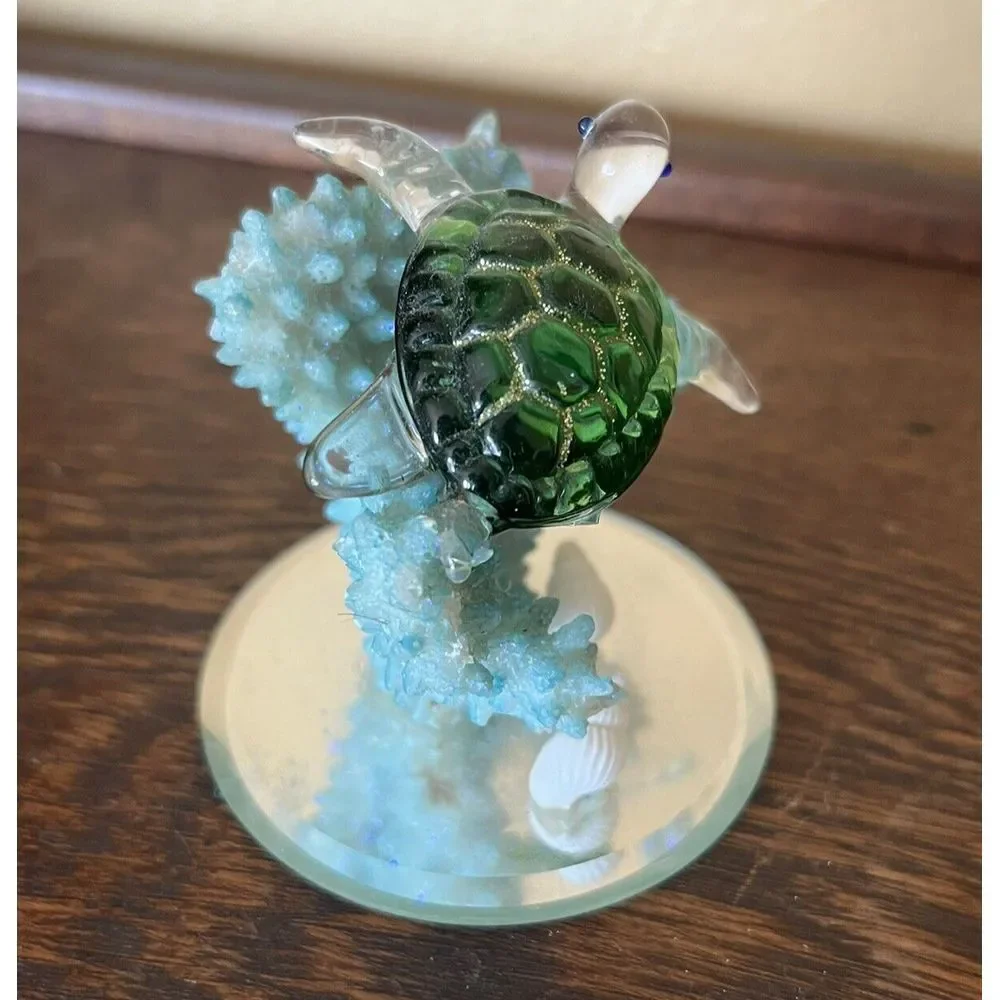 Miniature Glass Sea Turtle Figurine on Coral Coastal Nautical Collectible